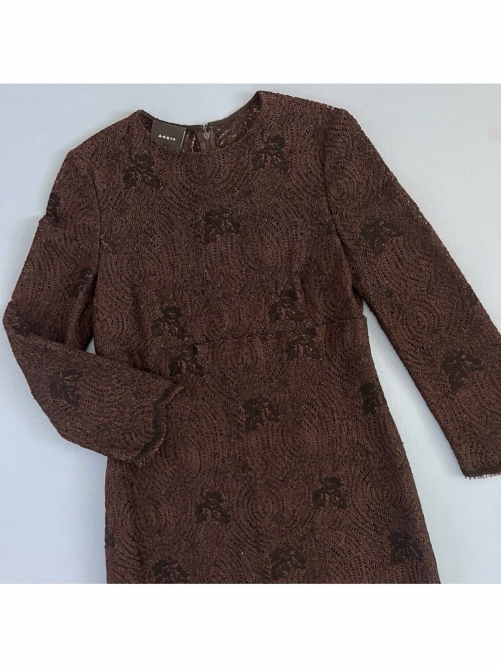 Akris Brown Silk Blend‎ Dress Long Sleeve Leaves Knit Crochet Shift Size 8